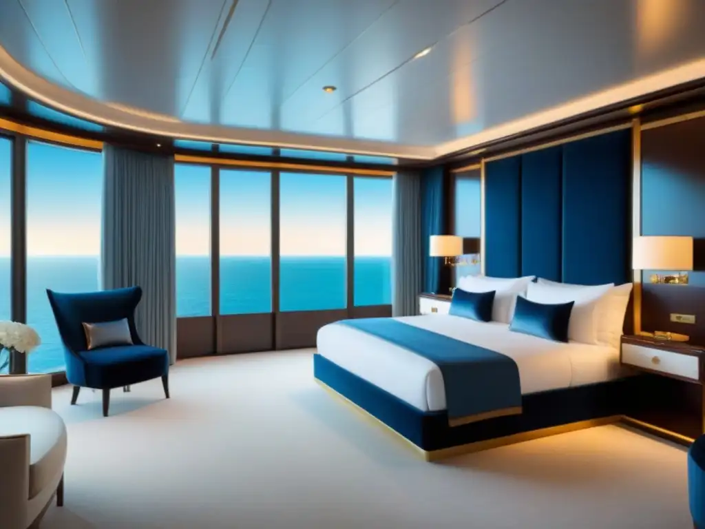 Un elegante interior de suite de lujo en un crucero, con diseño moderno, muebles de alta gama y vistas al mar