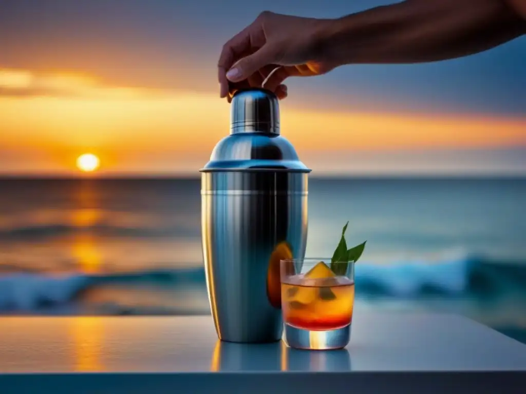 Un elegante juego de coctelería frente al mar al atardecer, ideal para eventos de coctelería en cruceros