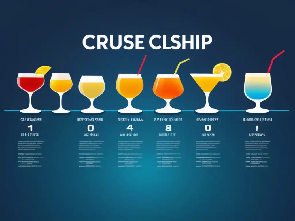 Elegante línea temporal de bebidas emblemáticas de cruceros a lo largo de la historia, desde clásicos como la Piña Colada hasta tendencias modernas de mixología en elegantes bares de crucero