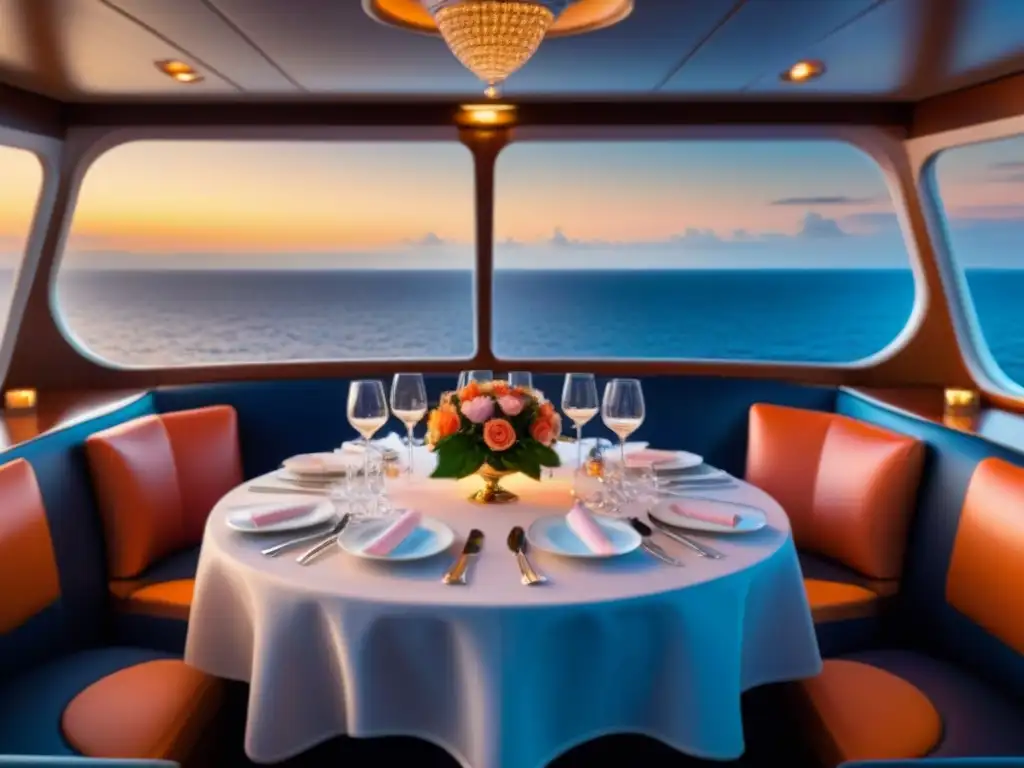 Un elegante y lujoso comedor VIP en un crucero, con vajilla fina y vistas al mar al atardecer