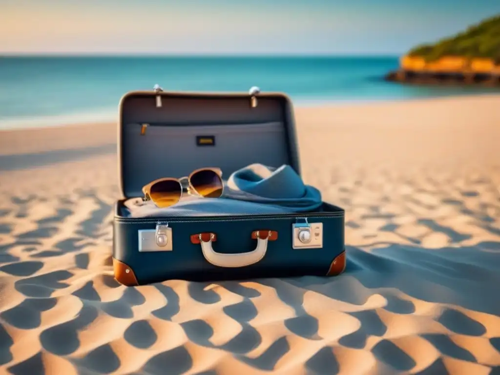 Una elegante maleta de alta gama abierta en una playa al atardecer