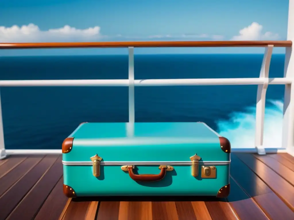 Un elegante maleta premium para cruceros reposa en un lujoso transatlántico, evocando sofisticación y estilo