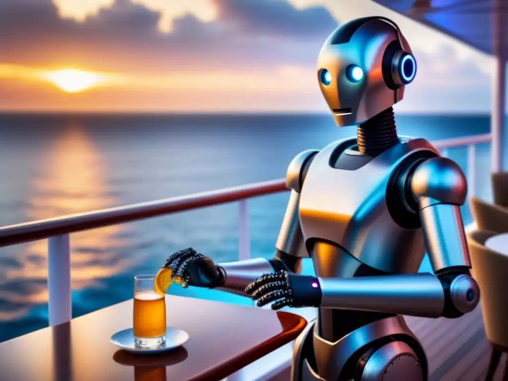 Un elegante mayordomo robot sirviendo champán en un crucero de lujo al atardecer, creando un ambiente hightech y opulento