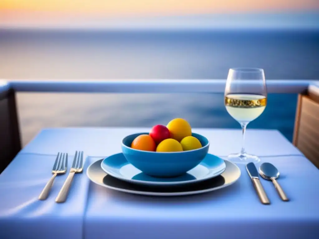 Una elegante mesa blanca en un crucero ecofriendly, con maridaje de vinos y comidas saludables frente al mar