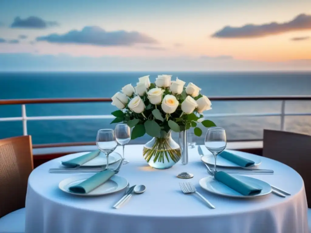 Elegante mesa de boda en crucero con rosas blancas y vista al mar al atardecer