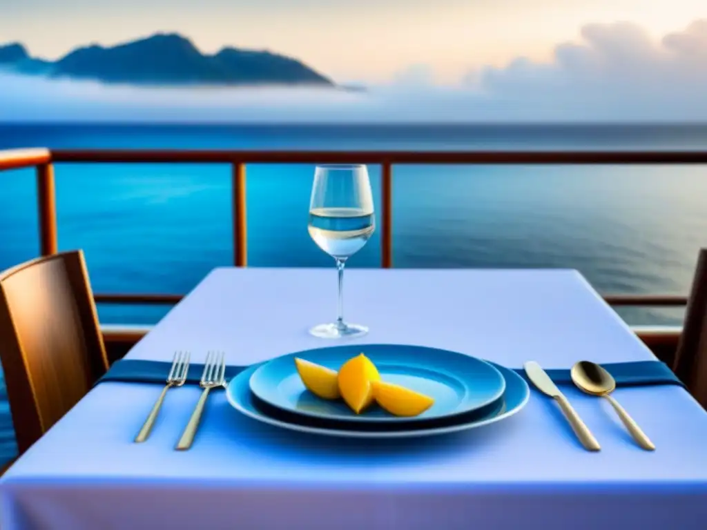 Elegante mesa de cena en crucero con decoración temática y vista al mar