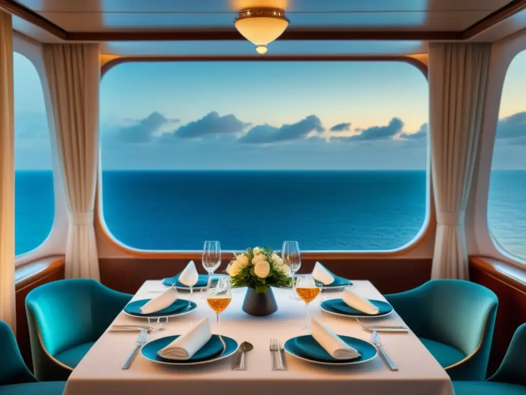 Una elegante mesa de cena en un crucero, ambientada con lujo y sofisticación