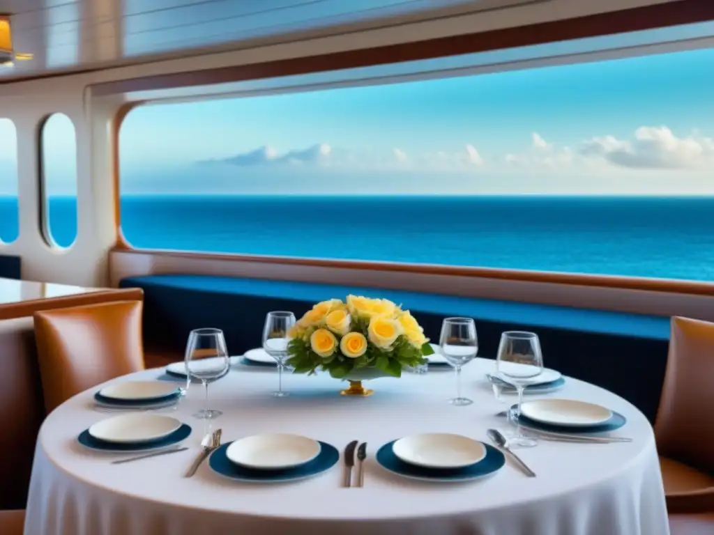 Una elegante mesa de comedor en un crucero con fina vajilla y vista al mar, ideal para cenas con espectáculo en cruceros