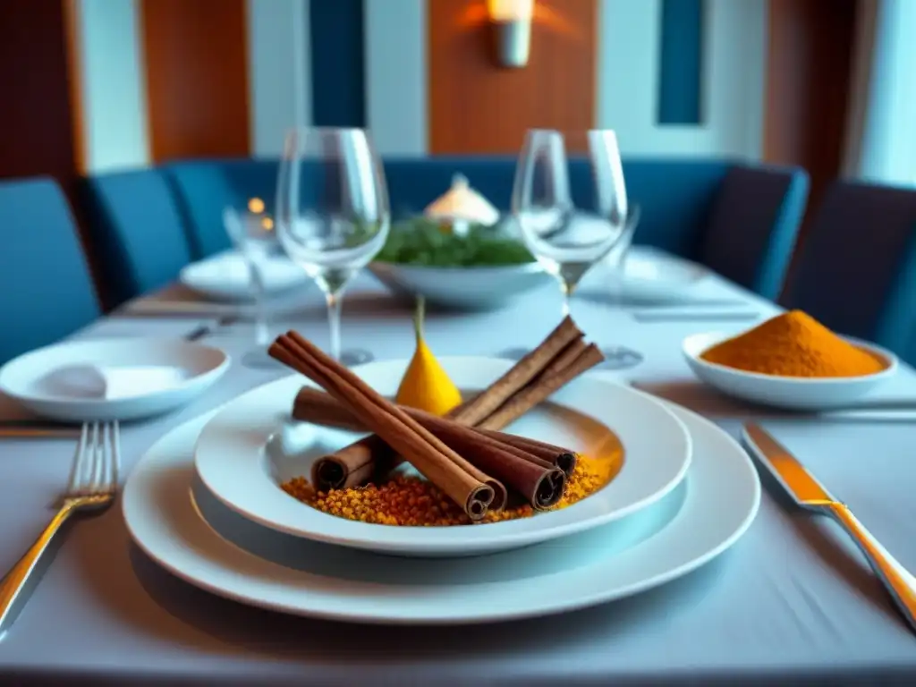 Elegante mesa de comedor en crucero con vajilla plateada y especias aromáticas