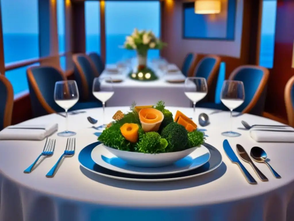 Una elegante mesa de comedor en un crucero, con cubiertos y vajilla elegantes, una hermosa decoración floral