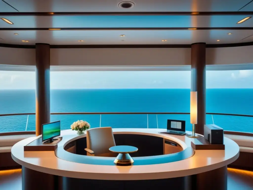 El elegante mostrador de concierge en un crucero de lujo, con diseño minimalista y vista al mar