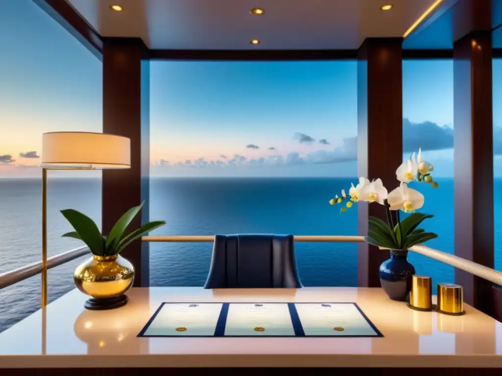 Elegante mostrador de concierge en crucero de lujo con detalles minimalistas y vista al mar al atardecer