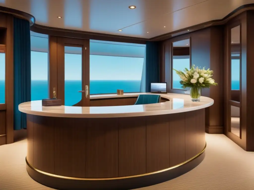 Un elegante mostrador de concierge en un crucero, con detalles de lujo y ambiente exclusivo