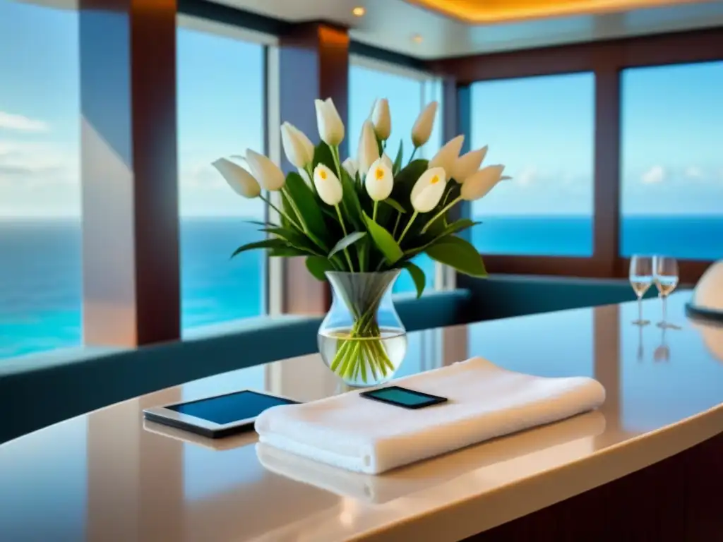 Un elegante mostrador de concierge en crucero con toallas blancas y un ramo de flores frescas, junto a una tablet digital