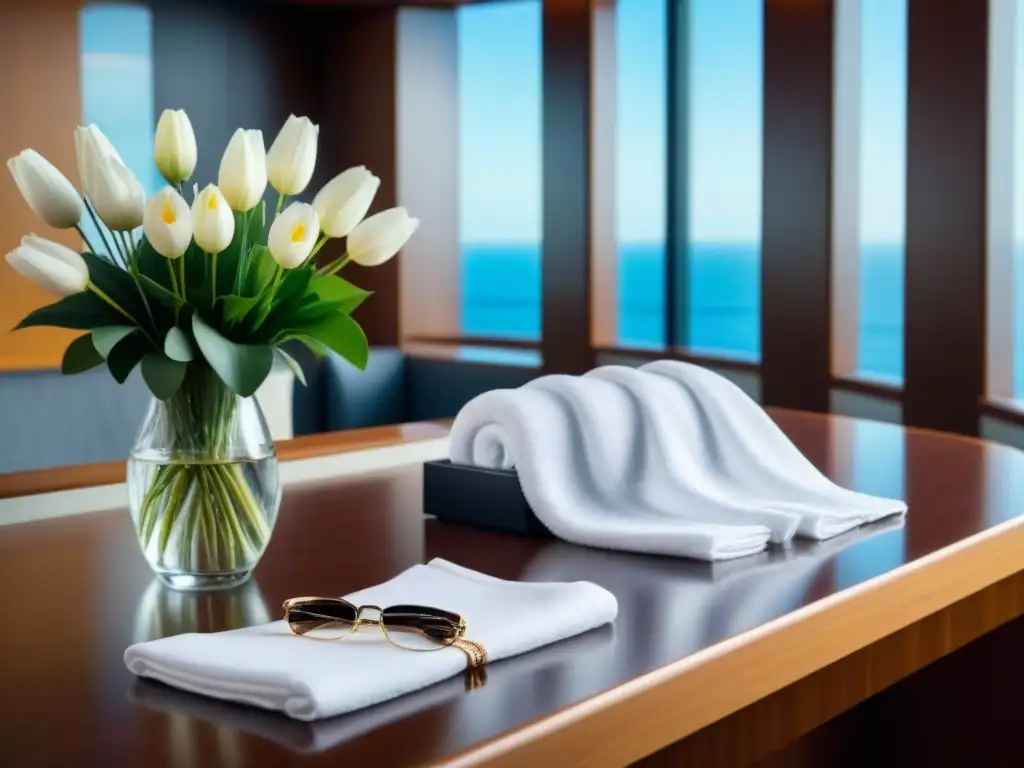 Un elegante mostrador de concierge en un crucero de lujo, con diseño moderno y elementos impecables bajo una suave luz natural