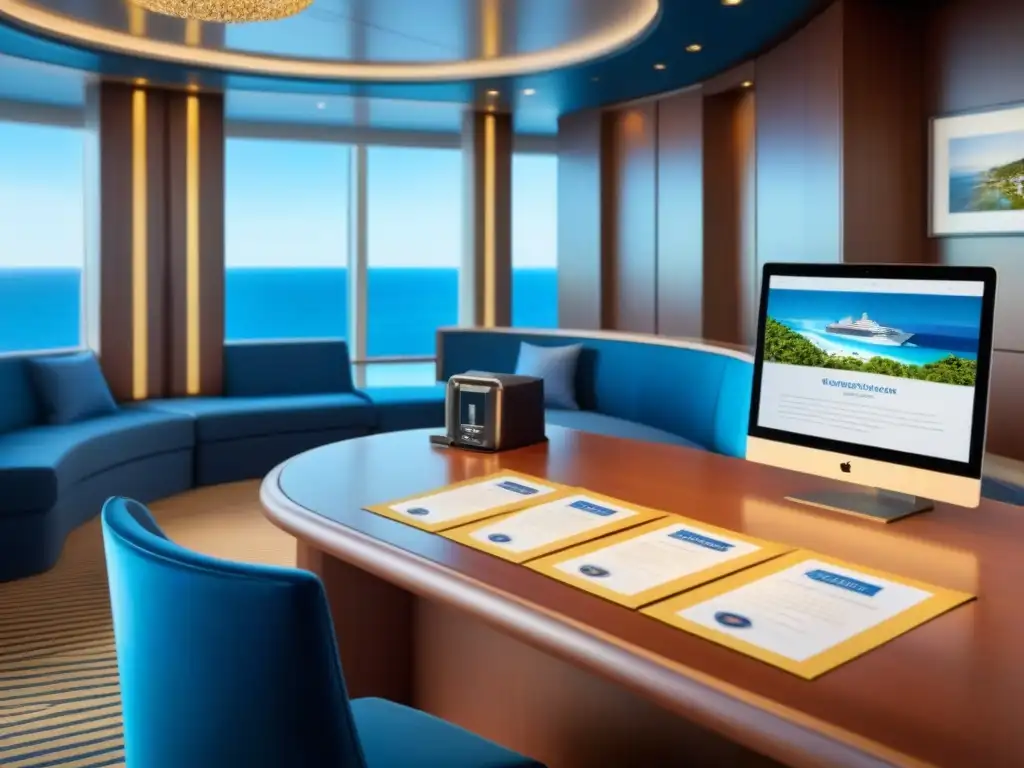 Un elegante mostrador de concierge de crucero con llave dorada y brochures de viaje