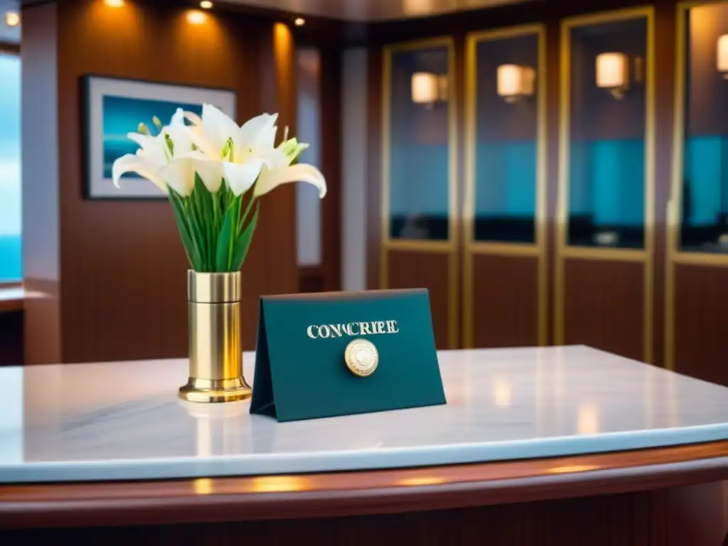 Elegante mostrador de concierge en crucero de lujo, con detalles refinados y ambiente de tranquilidad y servicio impecable