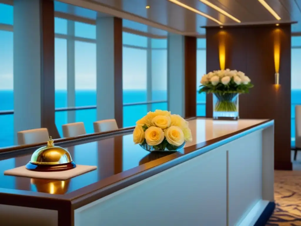 Un elegante mostrador de concierge en un crucero de lujo, con diseño minimalista y toques de oro, bañado por luz natural