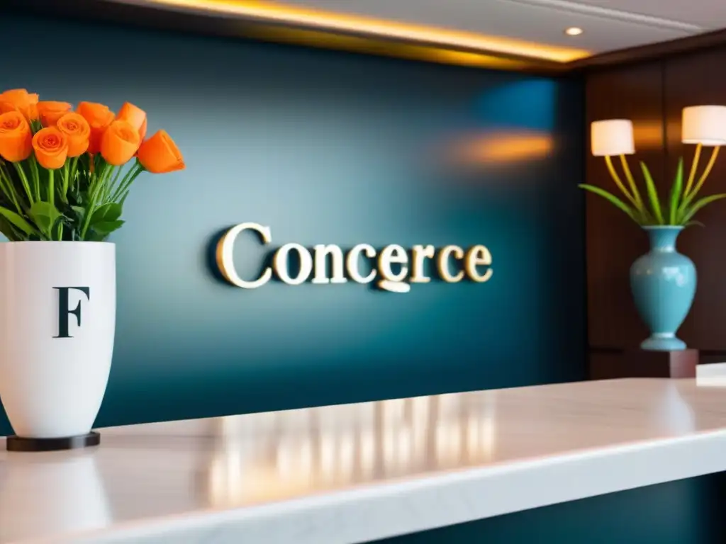 Un elegante mostrador de concierge en un crucero de lujo, iluminado suavemente