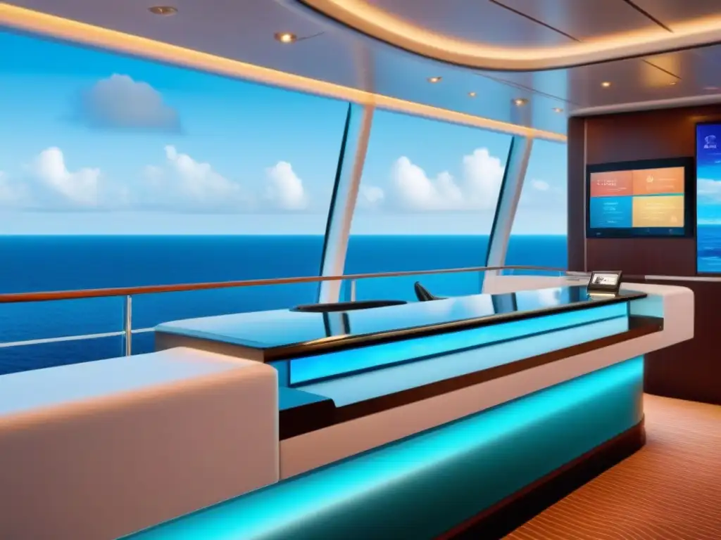 Un elegante mostrador de concierge futurista en un crucero de lujo, con asistente digital y vistas al mar