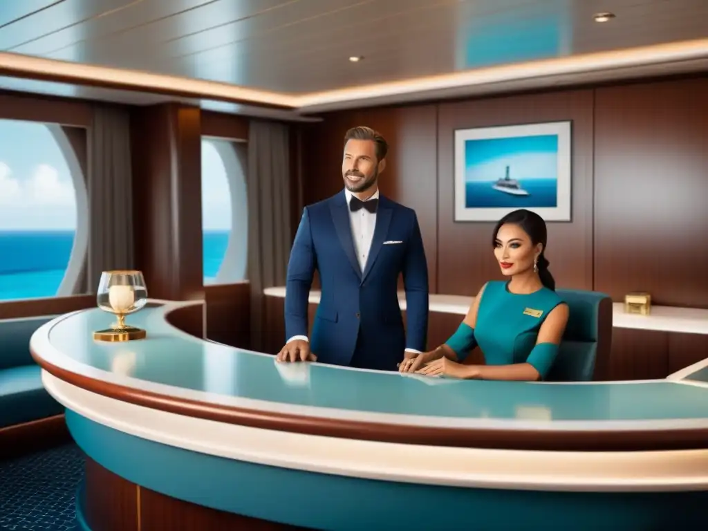 Un elegante mostrador de concierge en un lujoso crucero con vista al mar