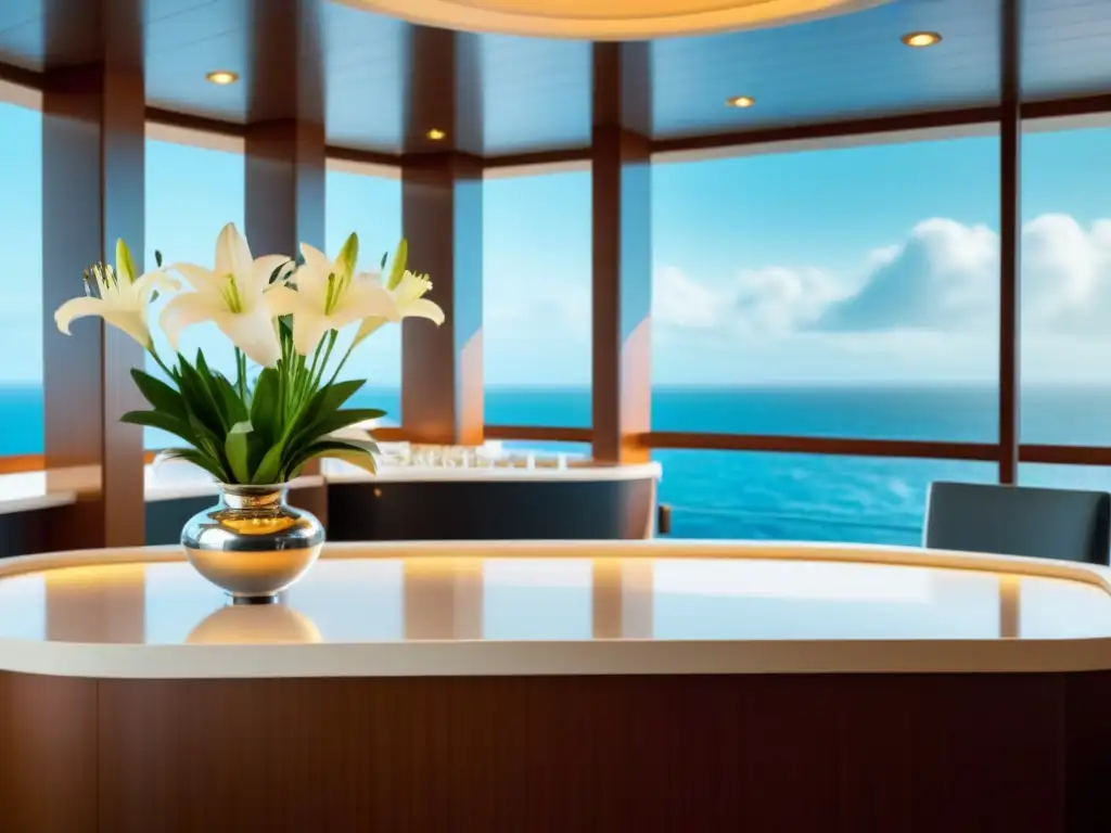 Un elegante mostrador de concierge en un lujoso crucero, con detalles de lujo y vista al mar