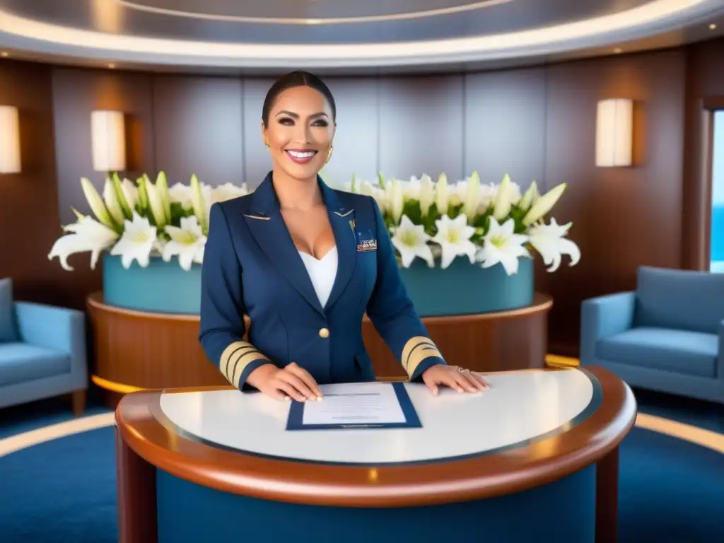 Un elegante mostrador de concierge en un lujoso crucero, con detalles náuticos y un profesional atento