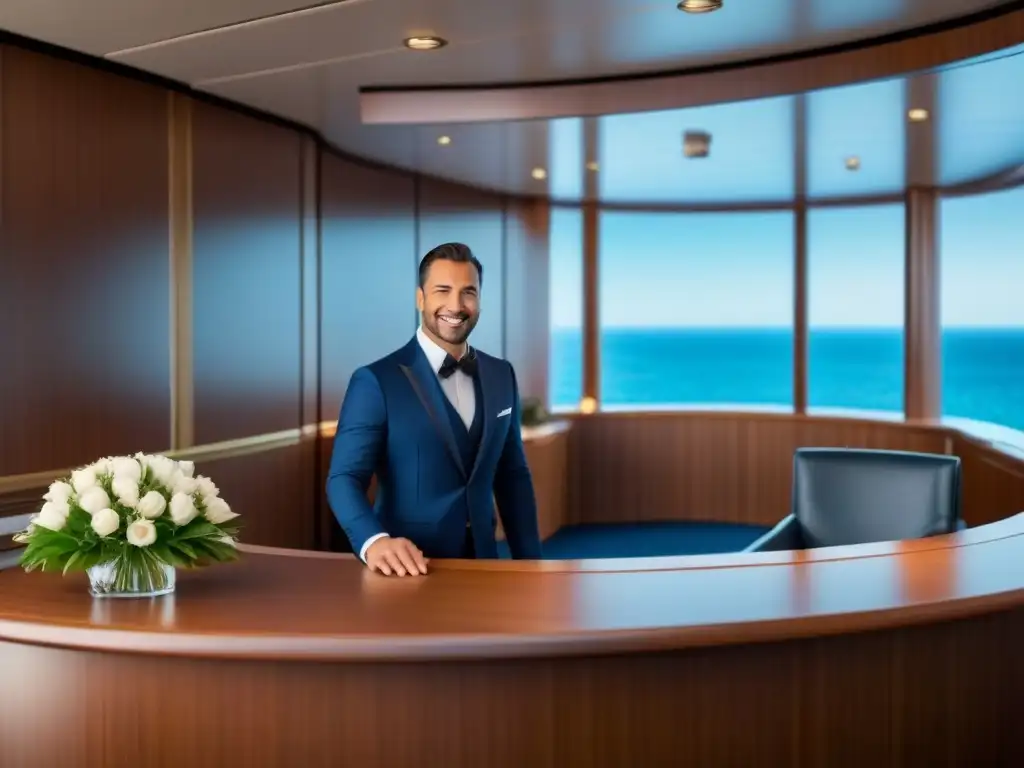 Un elegante mostrador de concierge en un lujoso crucero, con una asistencia amable