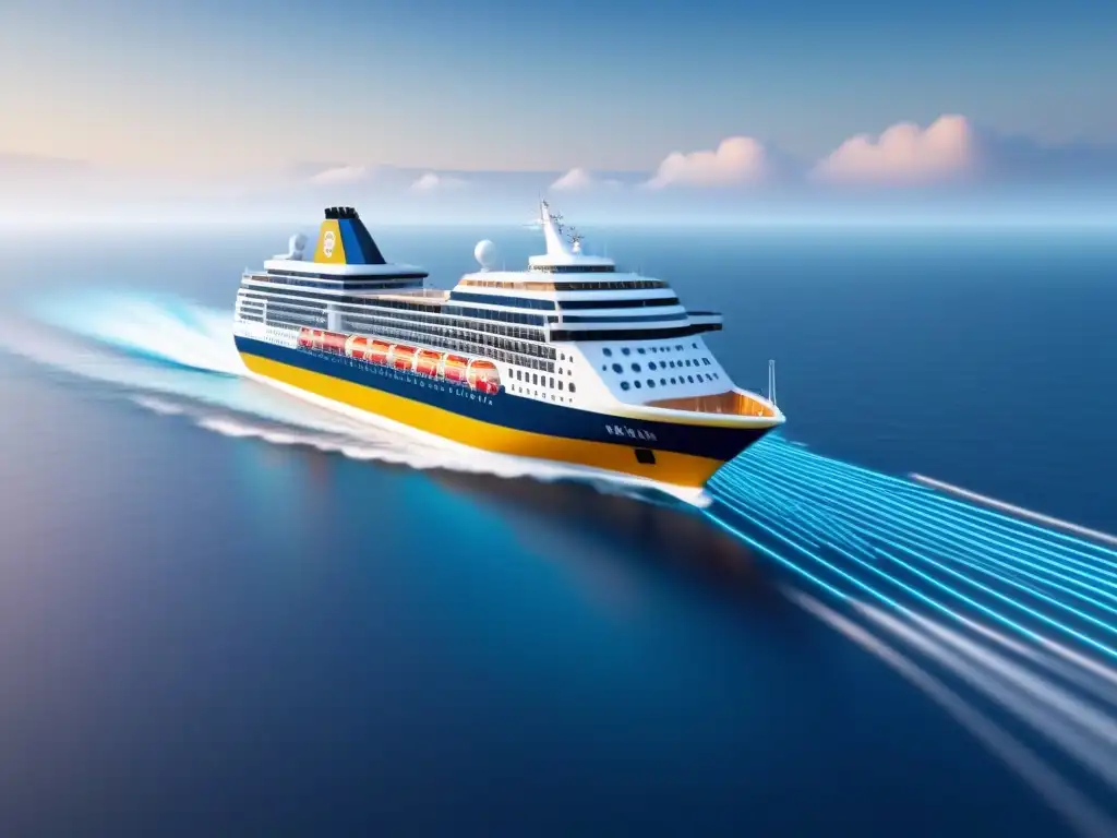 Una elegante nave de crucero navegando en un mar digital de códigos binarios, simbolizando la seguridad cibernética en cruceros
