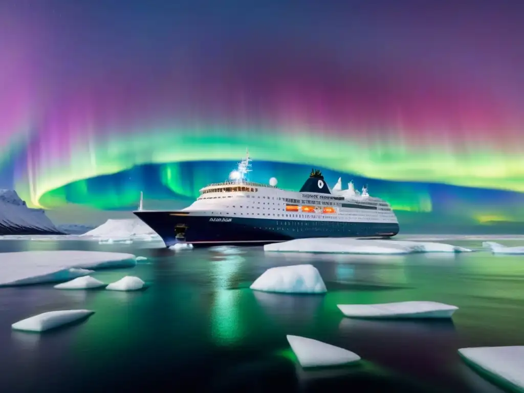 Una elegante nave de crucero polar surca aguas heladas bajo la aurora boreal, ideal para la guía para elegir crucero polar