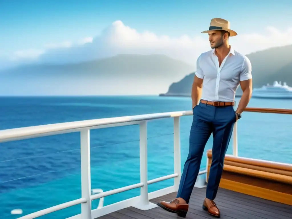 Elegante outfit de viaje para crucero con camisa blanca, pantalones azul marino, zapatos náuticos y sombrero de paja