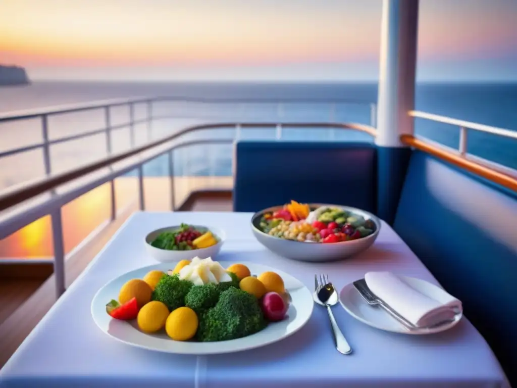 Un elegante plato de comida cruda en un crucero marítimo al atardecer, con colores vibrantes y frescos ingredientes