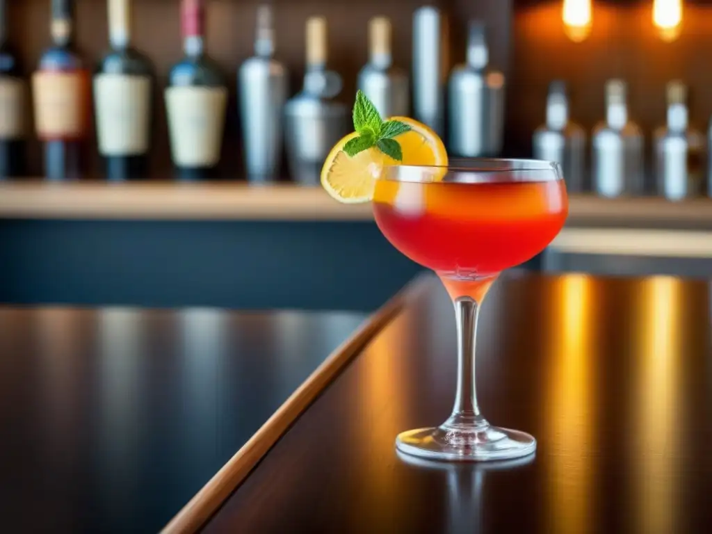 Una elegante presentación de cóctel en un bar, con adornos de cítricos y menta