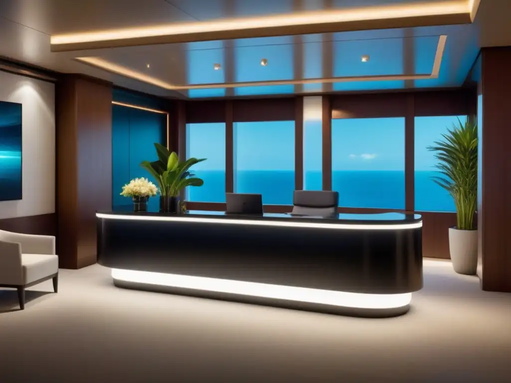 Un elegante puesto de concierge en crucero, minimalista y futurista, con un escritorio de granito negro pulido y accesorios plateados