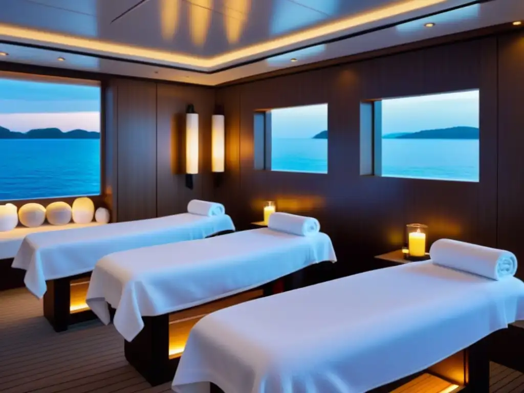 Un elegante y relajante spa a bordo de un crucero de lujo, con diseño minimalista y ambiente tranquilo