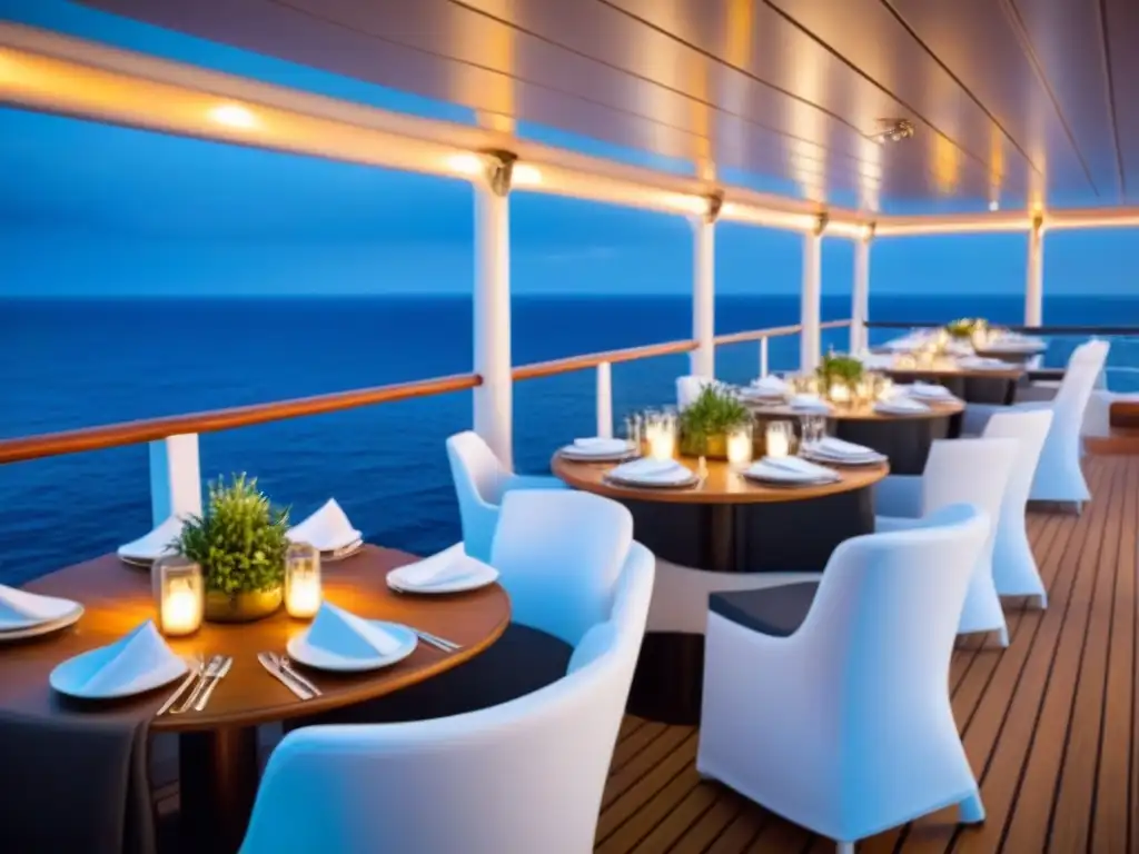 Elegante restaurante al aire libre en crucero, iluminado por luces cálidas bajo un cielo estrellado y el vasto océano