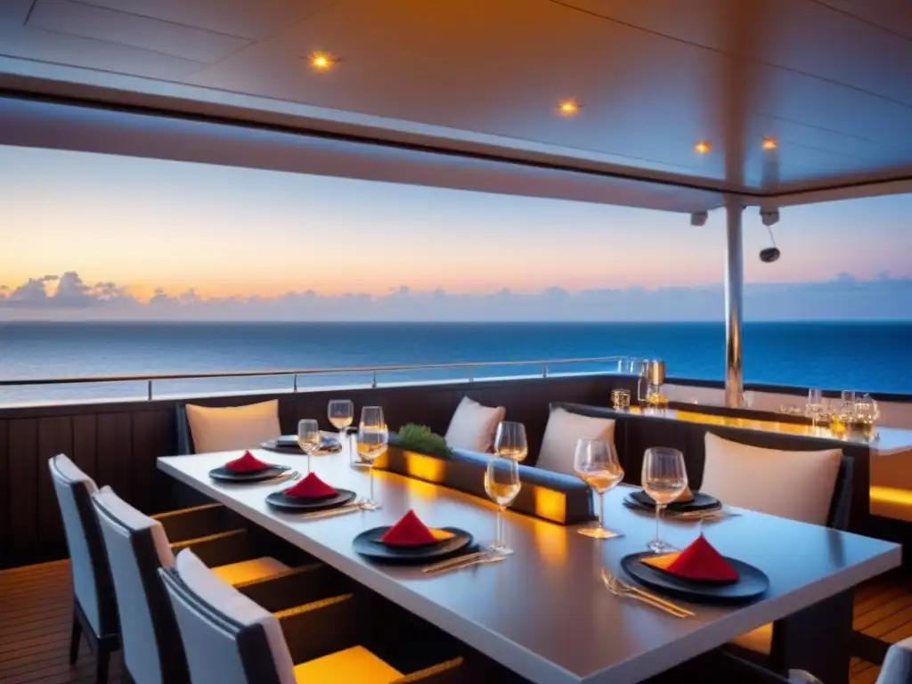 Un elegante restaurante al aire libre en un crucero, con mobiliario moderno, luz suave y vista al mar bajo un cielo estrellado