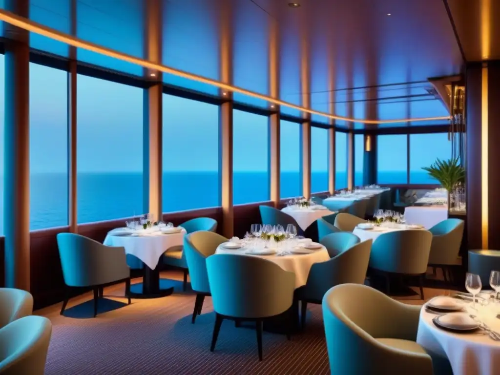 Un elegante restaurante de fusión asiática en un crucero de lujo con decoración minimalista y vistas al mar