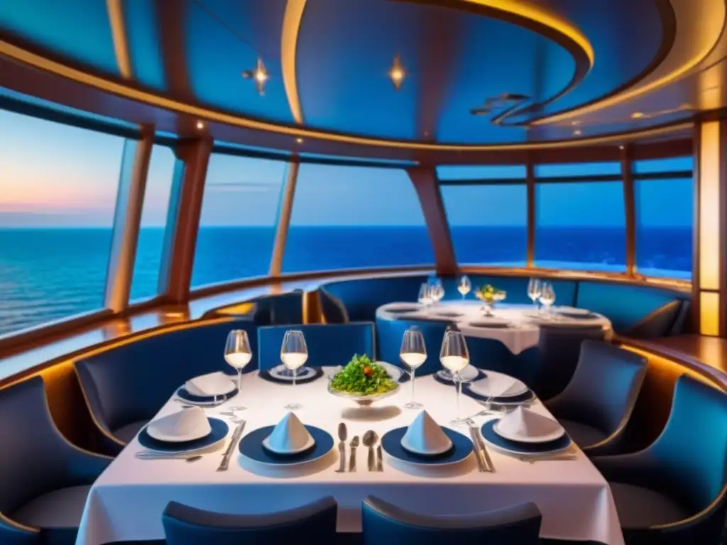 Elegante restaurante de crucero con diseño moderno y vistas al mar bajo un cielo estrellado