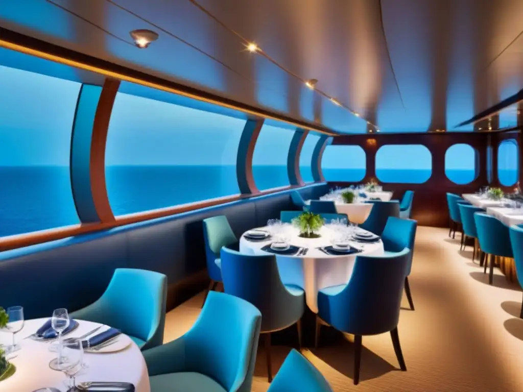 Un elegante restaurante temático en un crucero, con diseño sofisticado y ambiente lujoso