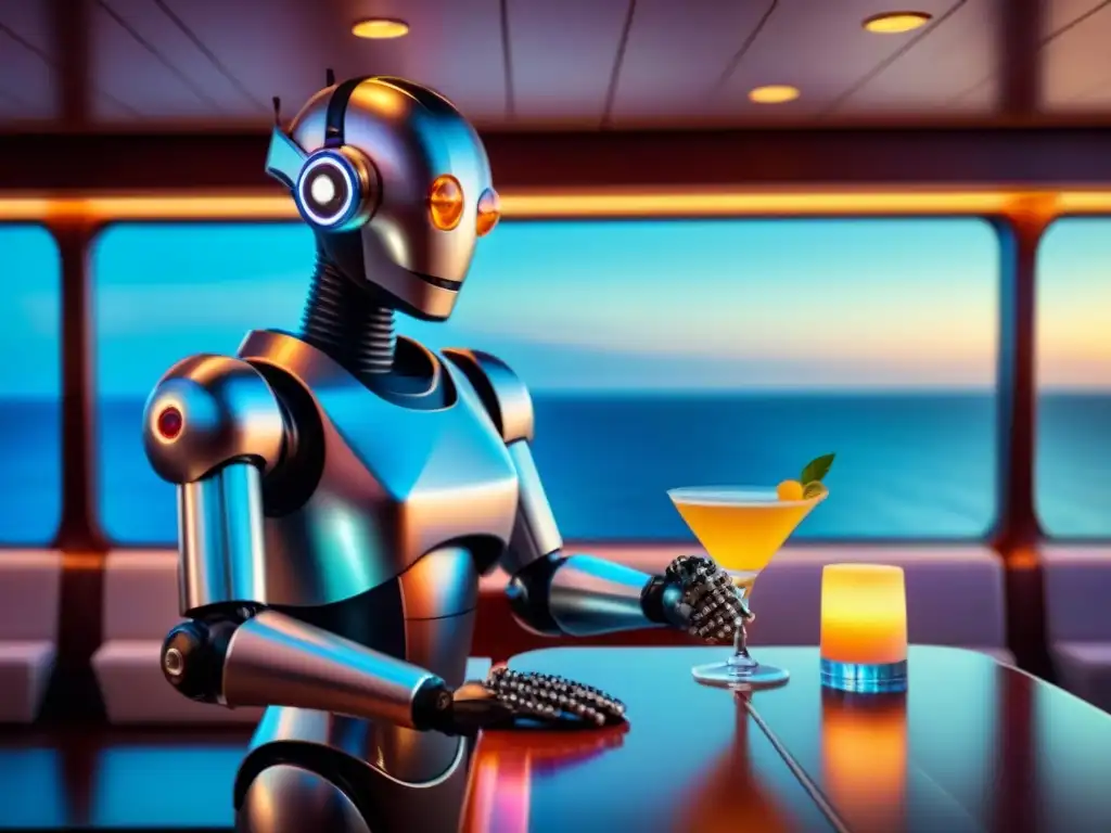 Un elegante robot barman preparando un cóctel en un crucero de lujo, con vista al océano bajo un cielo estrellado