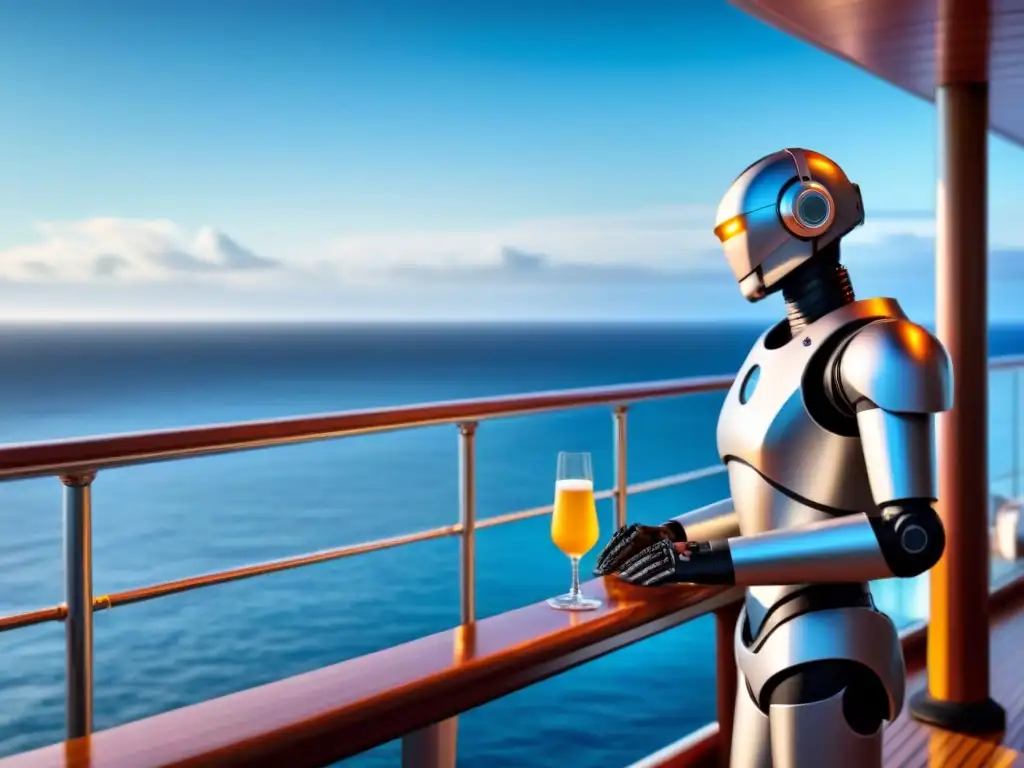 Un elegante robot camarero sirviendo bebidas en un crucero de lujo, con vista al mar