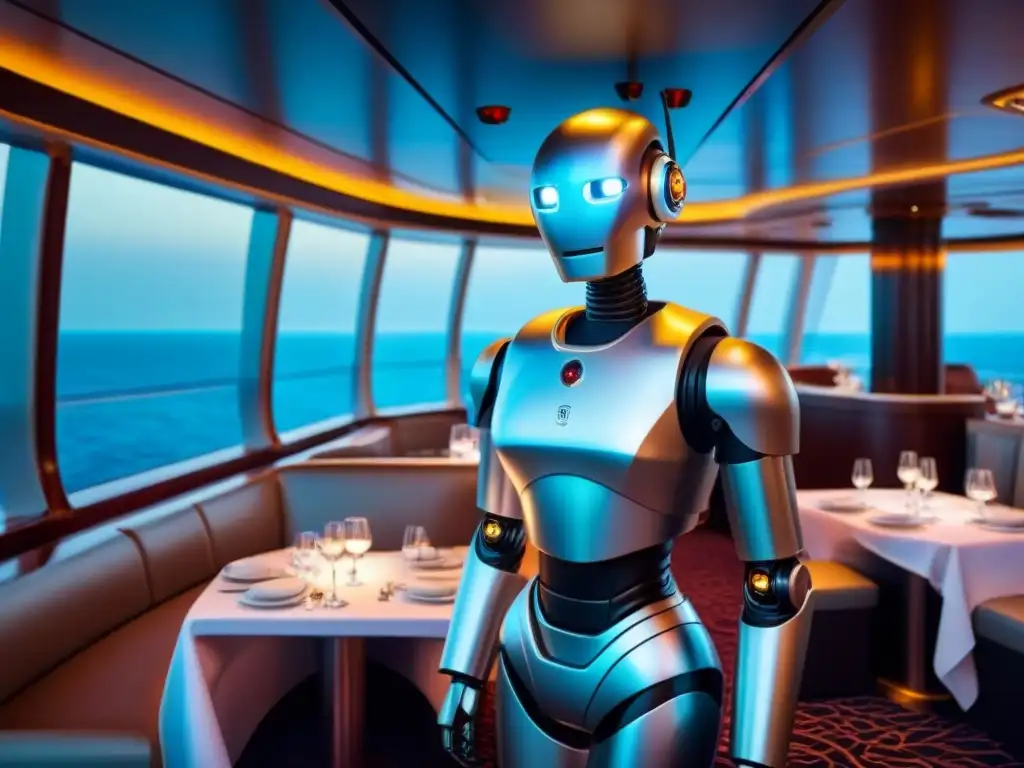 Un elegante robot camarero futurista surcando un lujoso comedor de crucero, con luces LED y acabado metálico pulido