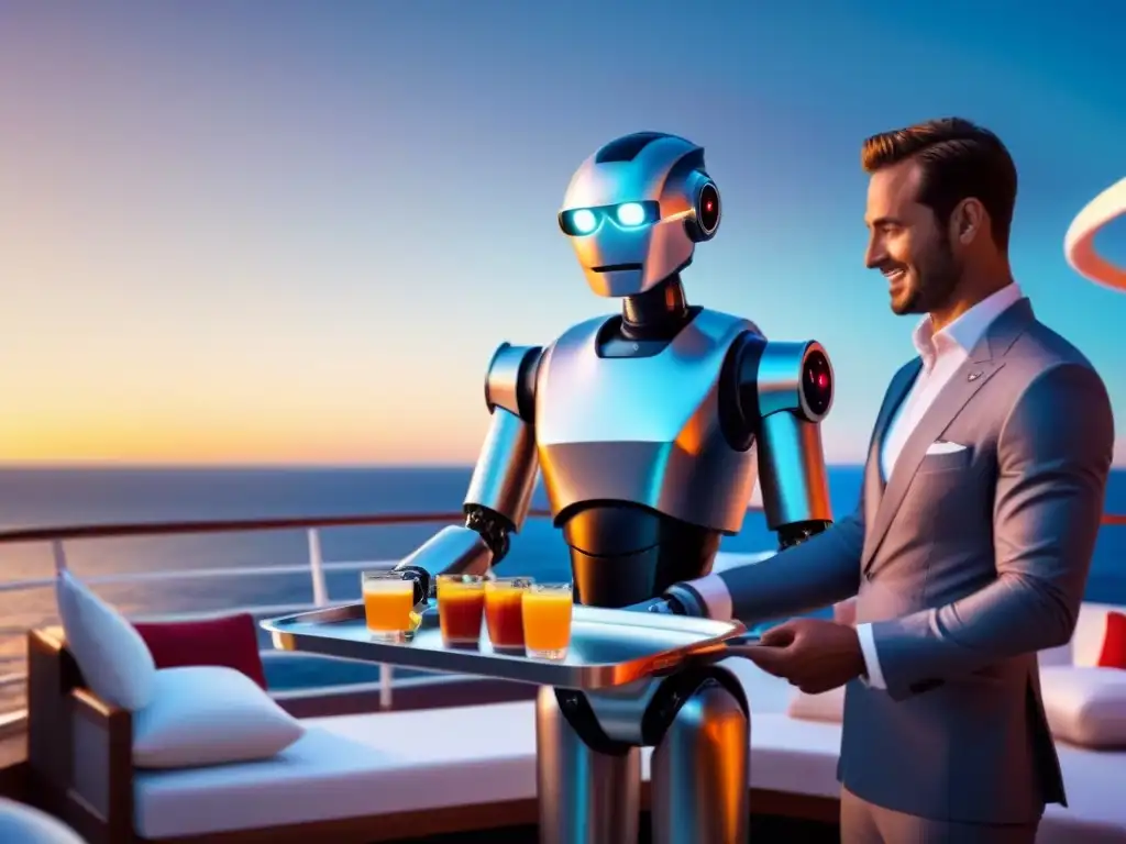 Un elegante robot camarero sirviendo en un lujoso crucero marítimo al atardecer