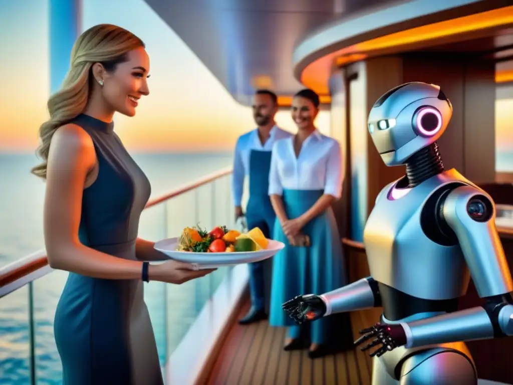 Un elegante robot camarero sirviendo en un lujoso crucero, fusionando tecnología y hospitalidad marítima