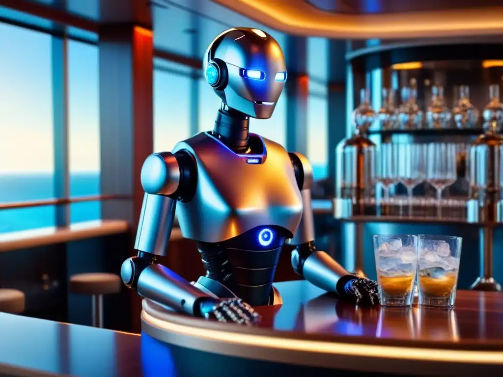 Un elegante robot bartender en un lujoso bar de crucero, mezclando cócteles con precisión robótica