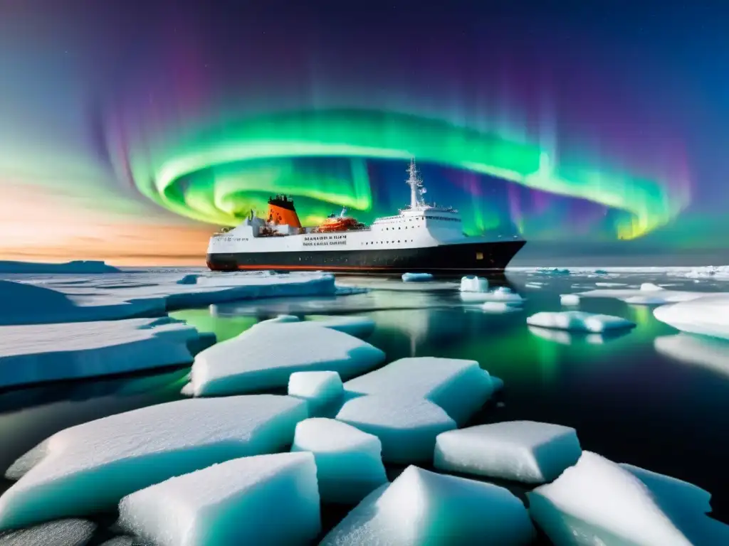 Un elegante rompehielos cortando las aguas heladas bajo una aurora boreal, ideal para los amantes de los cruceros polares