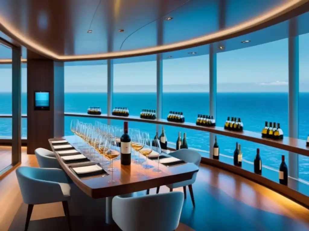 Una elegante sala de catas de vinos en un crucero de lujo, con mesa de madera, copas y botellas de vino premium, bañada en luz natural y vistas al mar