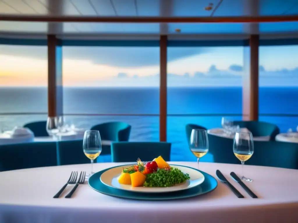 Una elegante sala de comedor en un crucero con vajilla elegante, iluminación suave y vista panorámica al océano