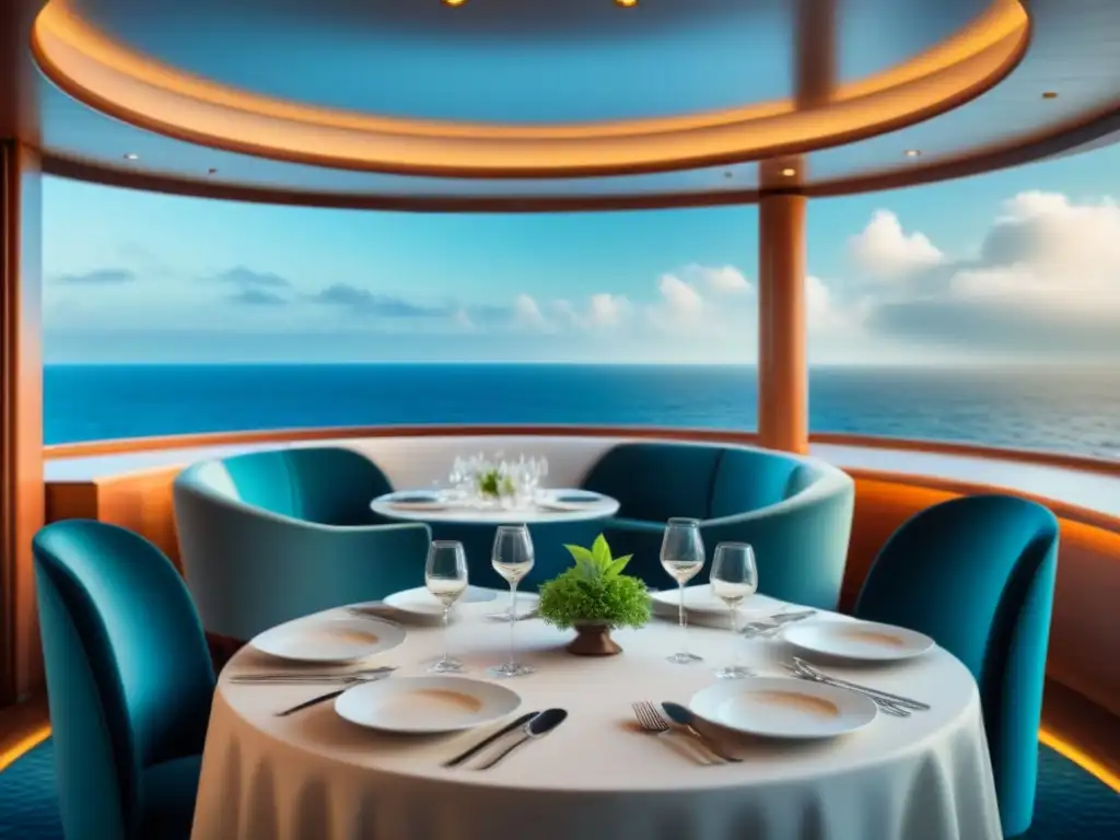 Una elegante sala de comedor en un crucero con opciones de alimentación sin gluten, bañada en luz natural con vista al mar tranquilo